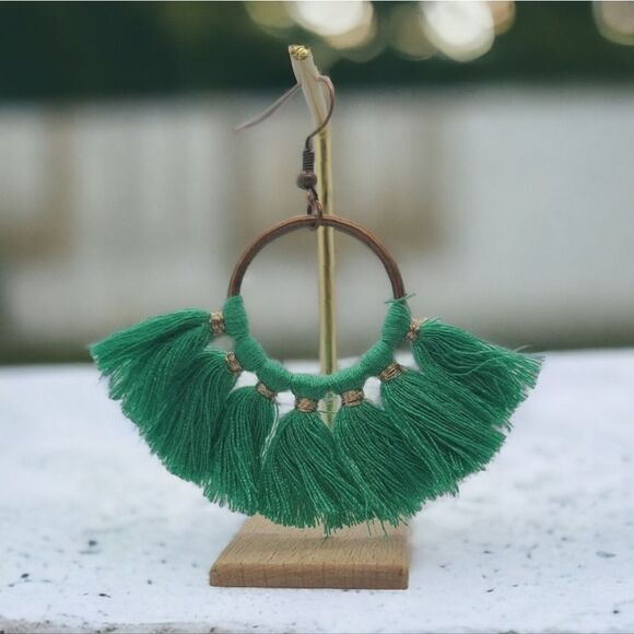 Boutique Jewelry - Green Boho Fringe Tassel Hoop Fan Dangle Drop Earrings Tribal Native Jewelry New